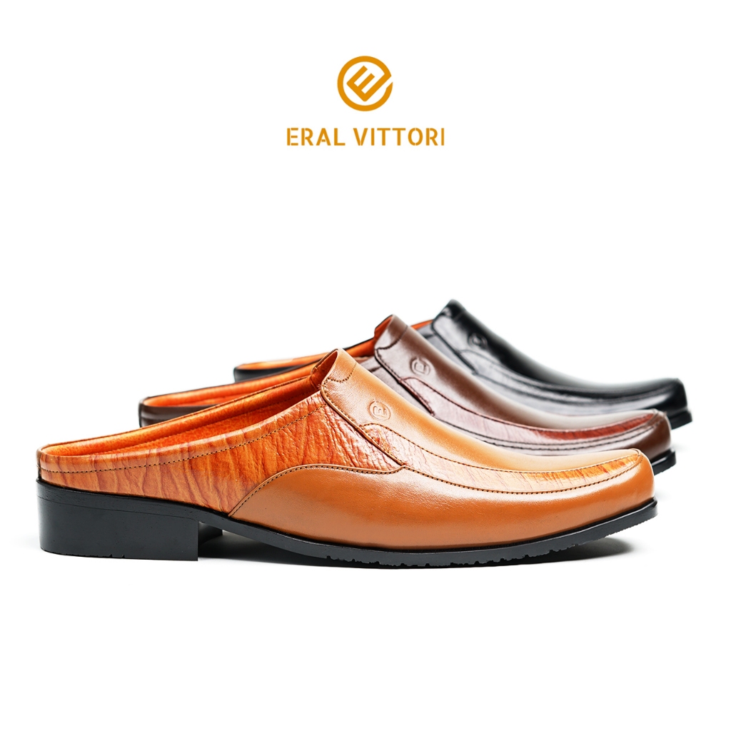 Eral Vittori - Erlux 9026 Sepatu Sandal Kulit Bustong Pria Tutong Semi Formal Hitam Coklat Tan