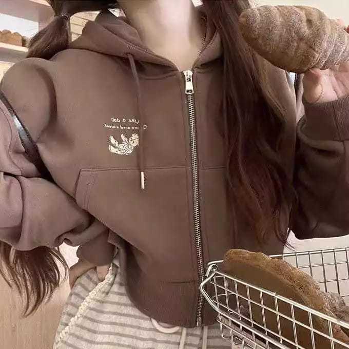 HOODIE BEAR BUDDY ZIPPER JAKET CROP TOPI TELINGA ATASAN WANITA LUCU