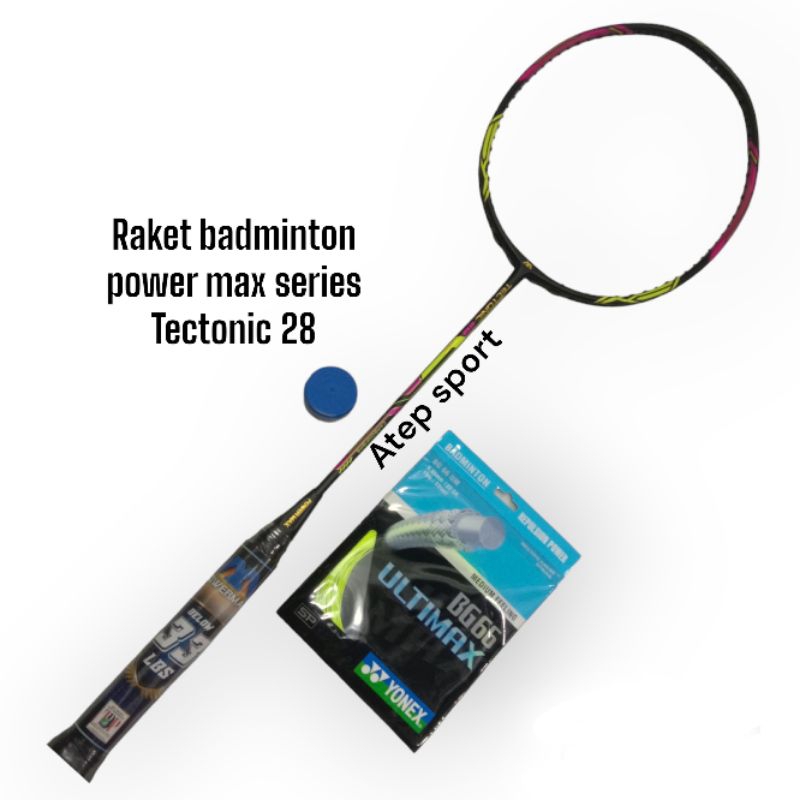 Raket badminton power max series Tectonic 28 power,33 lbs bonus senar dan grip