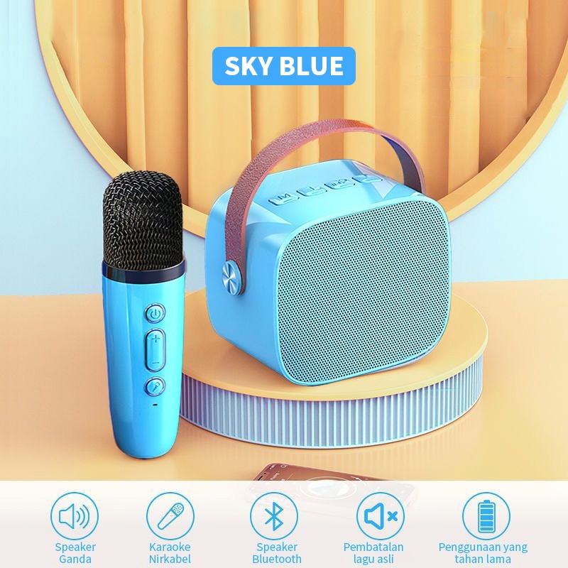 (COD)♫[Speaker mini bluetooth]♪ mini Karaoke Bass K1 Microphone Premium set lengkap speaker bluetooth mic wireless Dapat terhubung ke keponsel komputer-Biru/1 mic