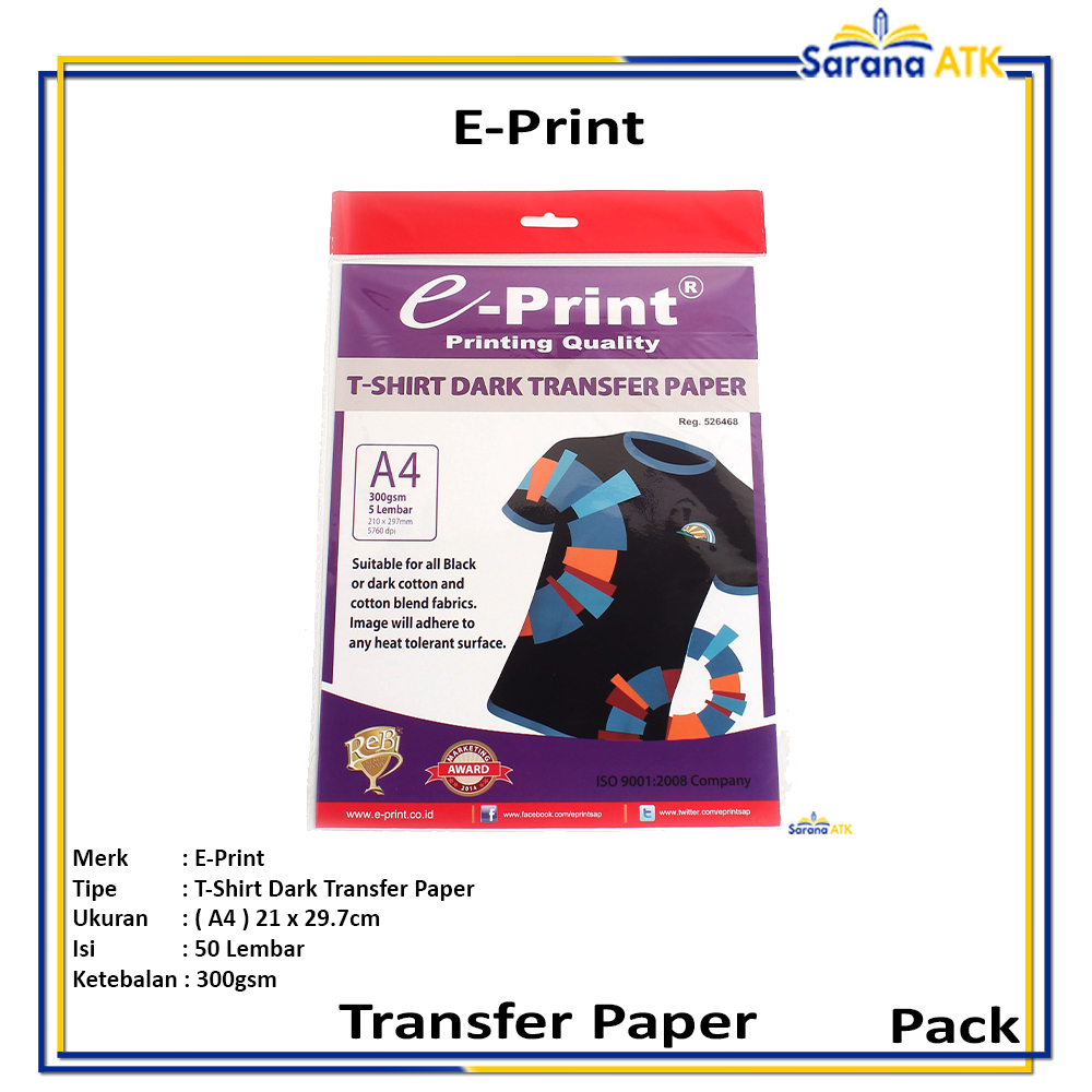 

E-Print - T-Shirt Dark Transfer Paper A4 300gsm - Pack