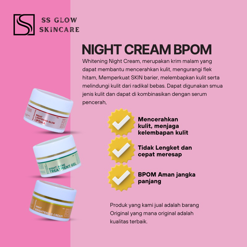 Shineskin Whitening Night Cream Bpom / lightening glow optima/ Night Acne Treatment Gel / Premium Ni