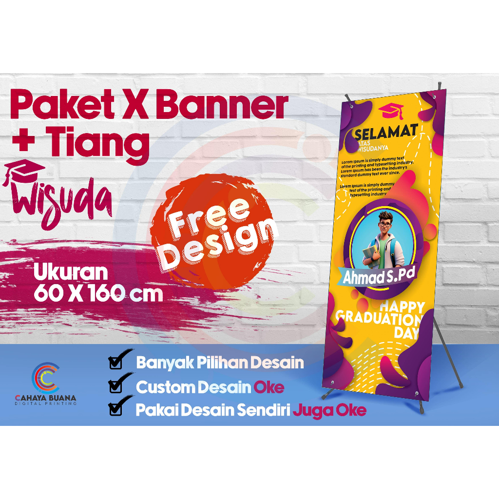Cetak X-Banner Wisuda, Sidang Skripsi, Ulang Tahun, Promosi Produk, Pengumuman
