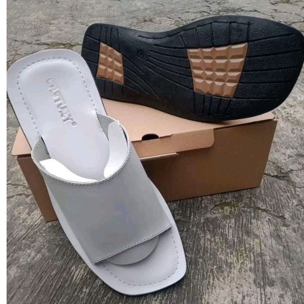 LENS||SANDAL KOKO SELOP PRIA WARNA PUTIH ASLI KULIT KP01