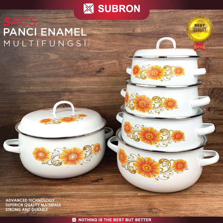 SUBRON Panci Set 5 Pcs  Masak Sup Bahan Enamel Dengan Tutup Motif Bunga