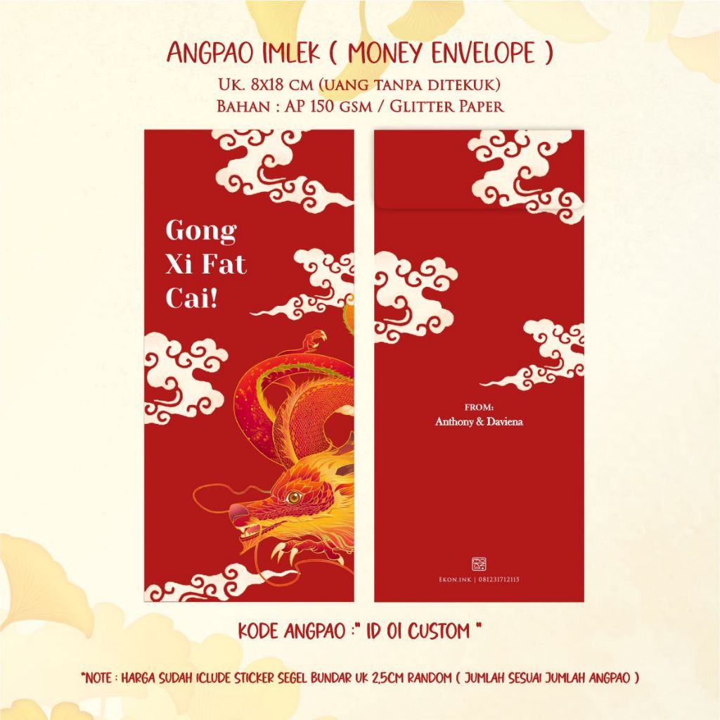 

Angpao Imlek Custom | Custom Tulisan nama | Uk 8x18 cm | Money Envelope | New Stock 2024