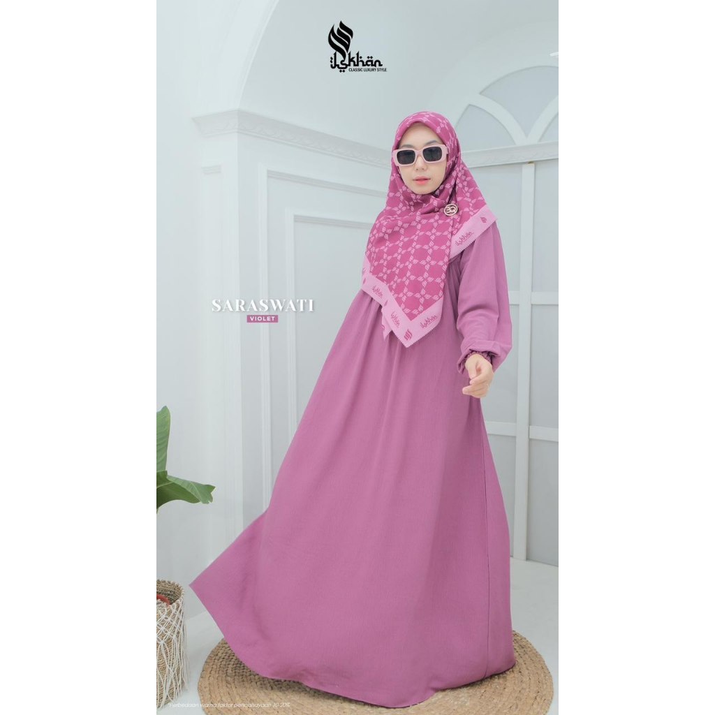 SARASWATI DRESS VIOLET BY ISKHAN HIJAB || BAJU BUSNA MUSLIM GAMIS DRESS TERBARU BAHAN CRINGKLE CRINK