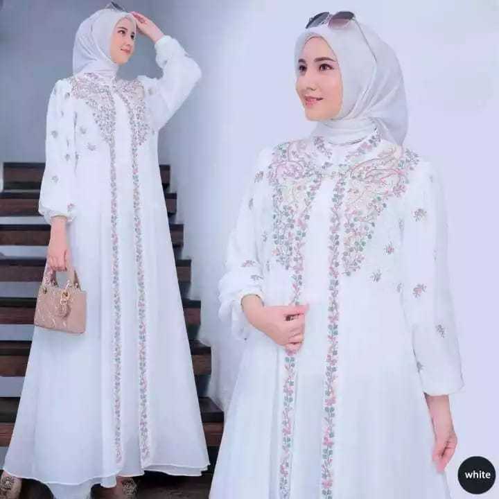 Gamis Ceruty Babydoll Bordir-Dress Bordir 2 Layer Rabbania Free Belt-Gamis Lebaran Abaya Warna Putih