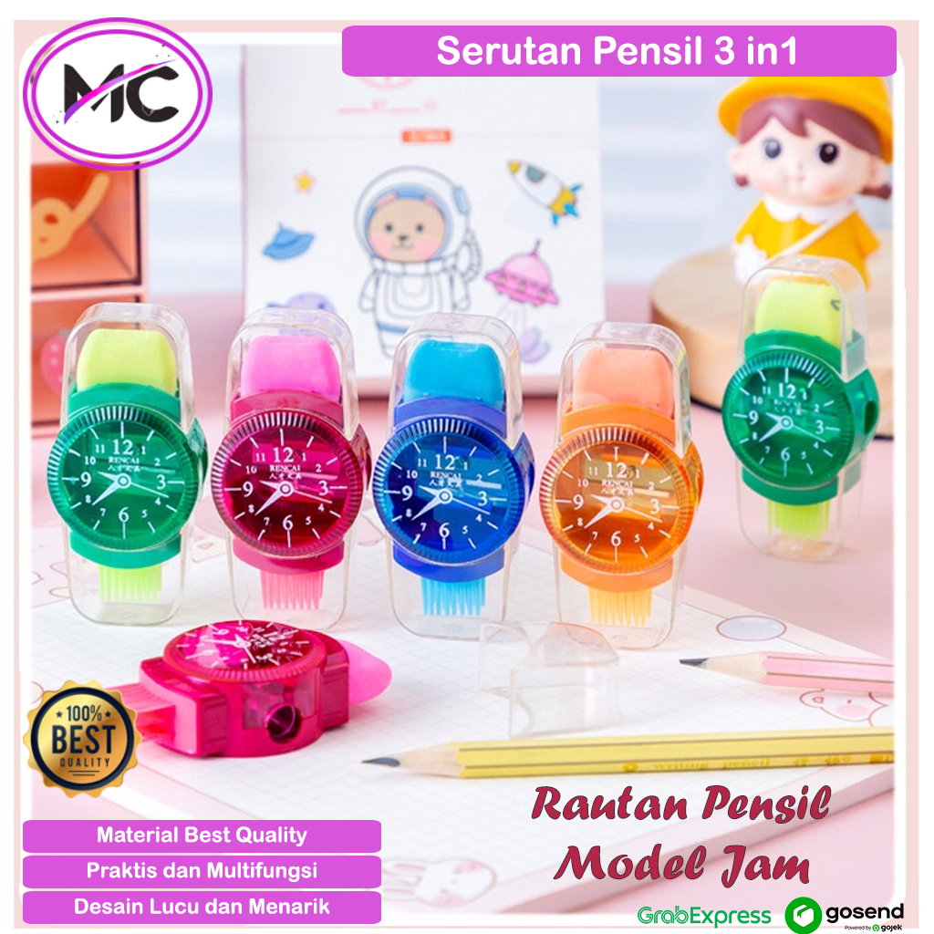 

Rautan Pensil Mekanis Manal 3in 1 Penserut Serutan Penghapus Sikat Pembersih Pencil Multifungsi Model Jam Lucu
