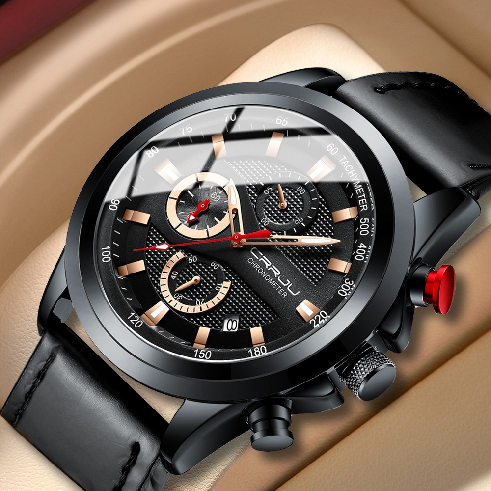 CRRJU Jam Tangan Pria Kulit Militer Tahan Air Multifungsi Kronograf Olahraga Fashion Bercahaya Multi