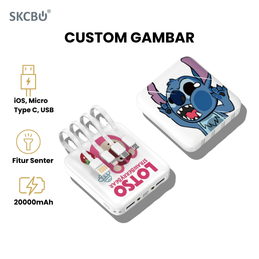 SKCBO Powerbank Custom 20000mah LED Kustom Power Bank built in cable  Murah Lucu Mini Ori for iphone