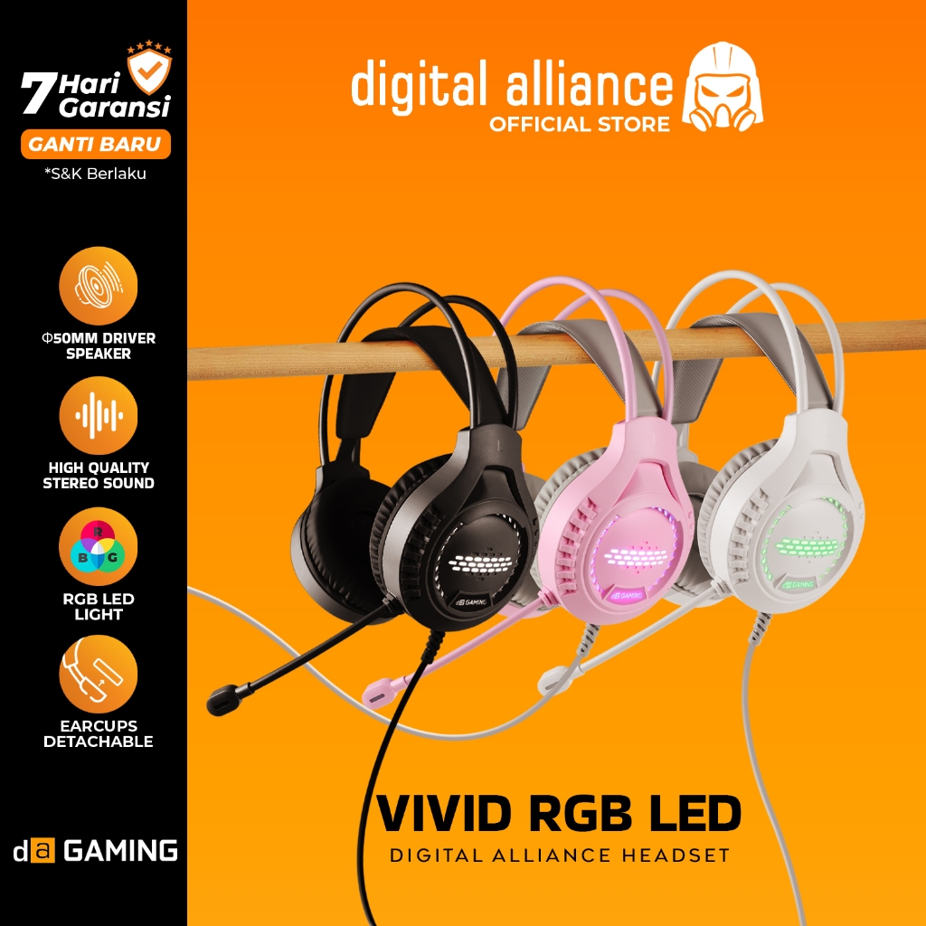 Headset Gaming Digital Alliance RGB LED USB Detachable Earcups 3.5mm Stereo Mobile PC PS4 Vivid