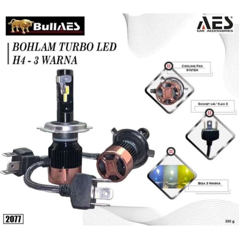 Bohlam LED Turbo H4 3 Warna Merk AES / Lampu Led H4 Mobil