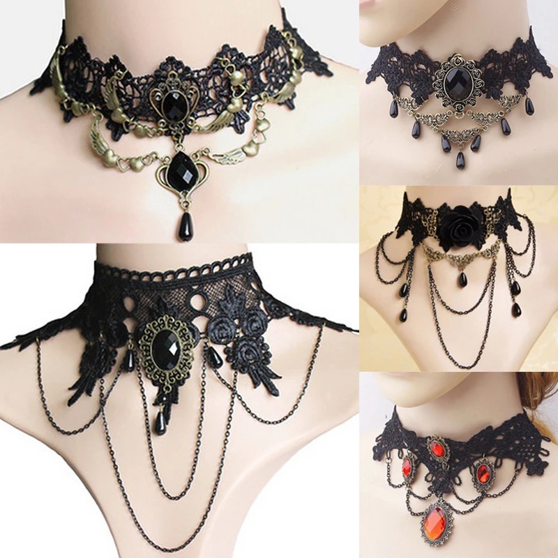 Kalung Choker Beludru Hitam Liontin Renda Rumbai Perhiasan Wanita