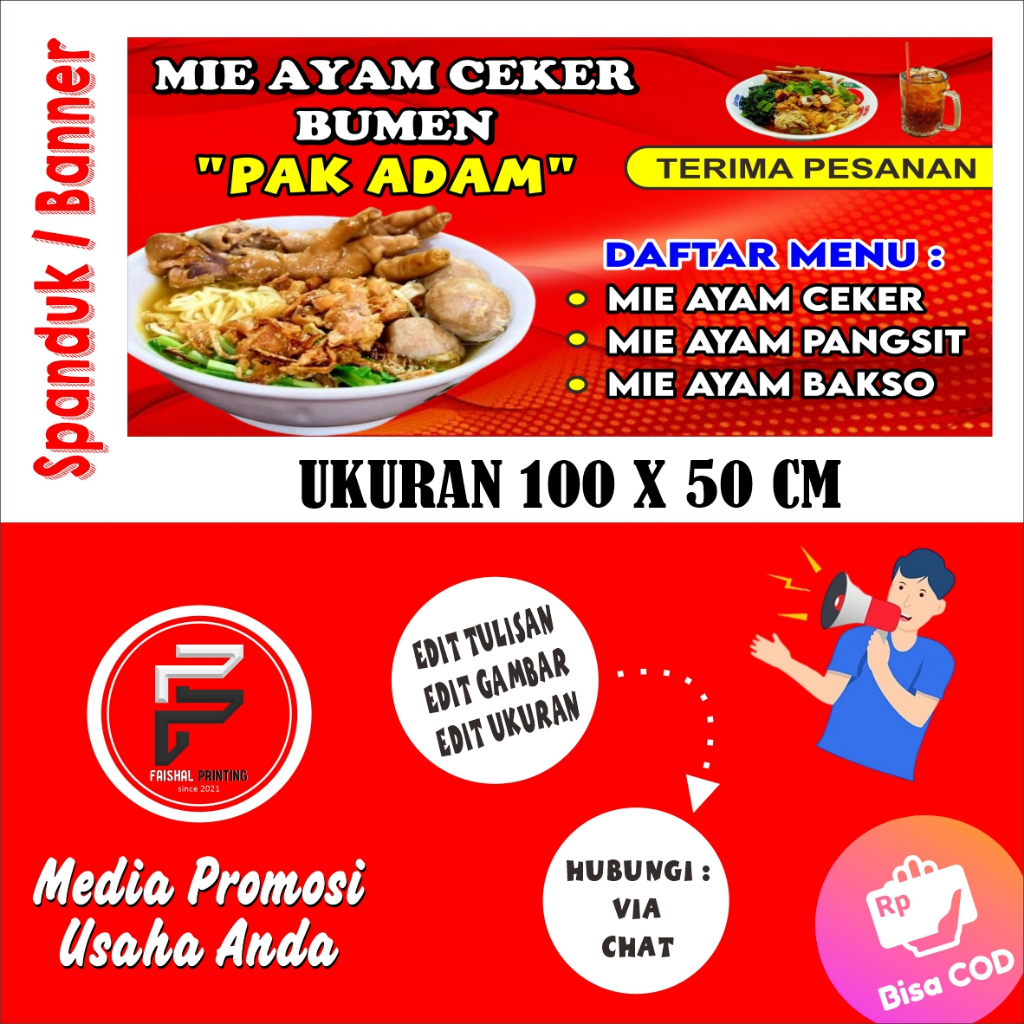 Spanduk Mie Ayam Ceker / Banner Mie Ayam / Spanduk Mie Ayam dan Bakso / Banner Ukuran 100 x 50 cm