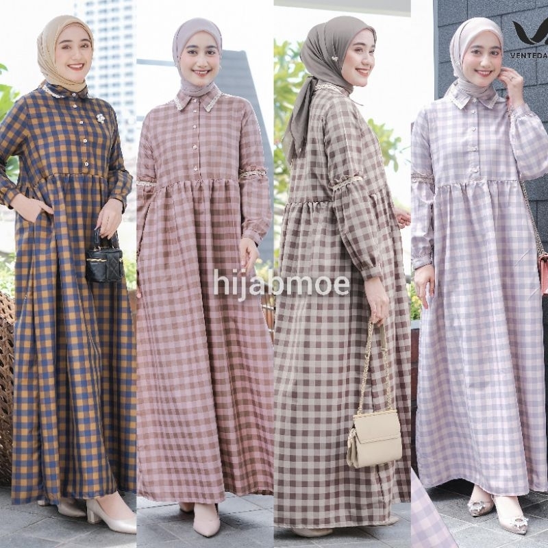 Vente Daily Adiba Maxy / Gamis Wanita Kekinian Hijab Style Ootd Policombi Motif Kotak LD 105 , 120 B
