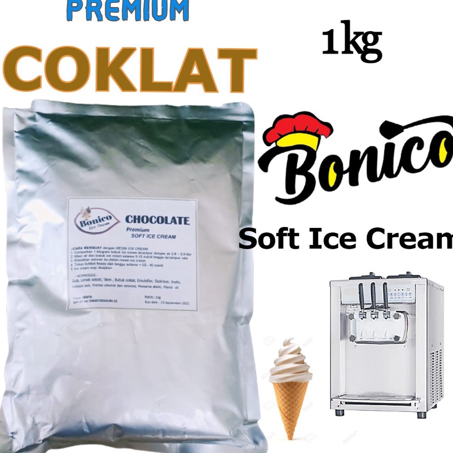 

QWBP1414 DISKON BONICO COKLAT SOFT ICE CREAM POWDER 1kg PREMIUM RESTO premix serbuk tepung bubuk es krim instan mesin lembut Chocolate cokelat halal distributor grosir produsen franchise