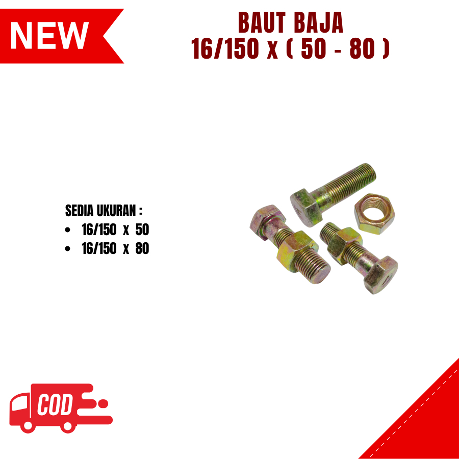 Baut Baja 16/150 x 50, 16/150 x 80 Hitam Full Drat Kasar Warna Hitam Mur Baut Baja Ukuran 16/150 x 5