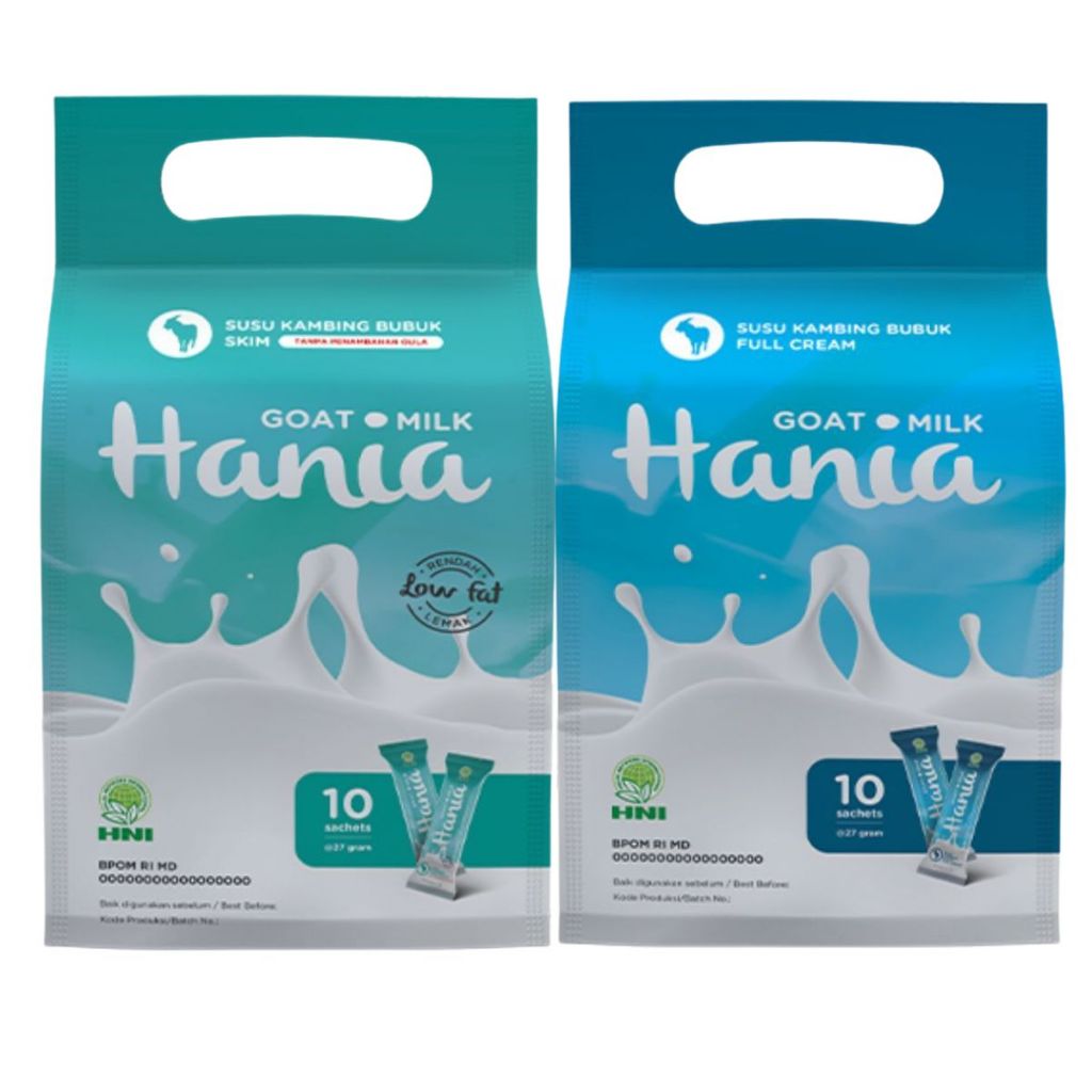 

Hania Susu Kambing (HGM) HNI HPAI Isi 10 Sachet - Hania Goat Milk Skim & Full Cream - Susu Kambing Saanen Rendah Lemak dan Tanpa Gula BPOM Halal MUI