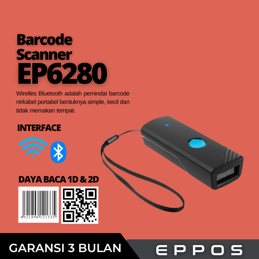 Mini Barcode Scanner 1D/2D EPPOS EP6280 - Bluetooth Wireless