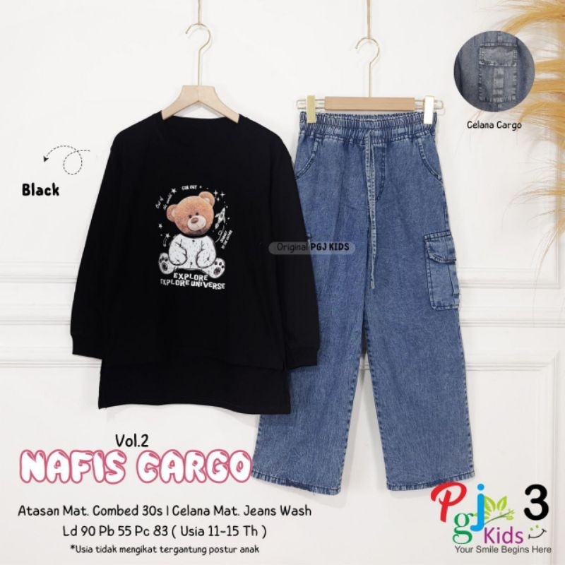 Nafis Vol 2 Set Kulot Cargo Jeans anak cewek usia 11-15 tahun l Setelan anak cewek remaja atasan kao