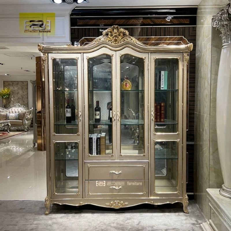 almari hias lemari kaca hias ukiran mewah cat gold emas