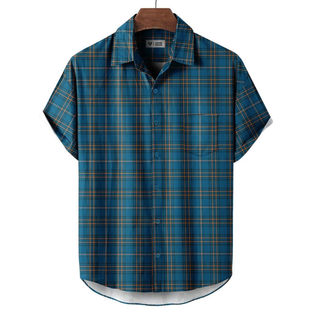 Kemeja Tartan Kotak Kotak Lengan Pendek Pria - Teal Blue