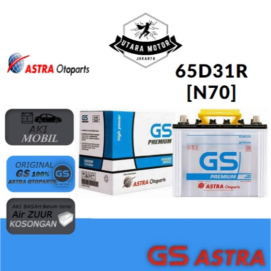GS ASTRA Aki Basah Mobil PREMIUM 65D31R N70 12V 70Ah Toyota Mitsubishi