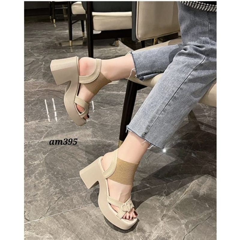 terbaru high heels platform am395 style korea import premium high block heels kokoh ringan