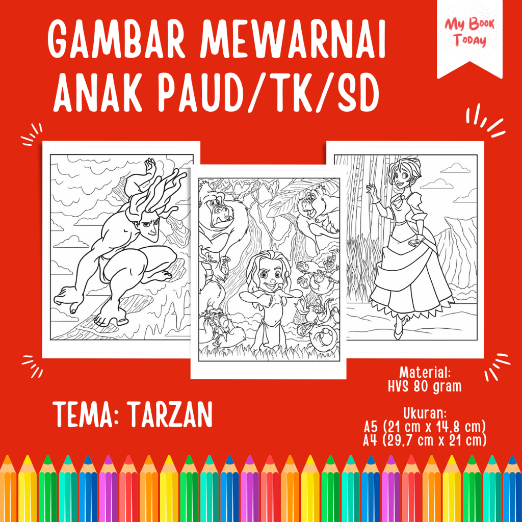 

[My Book Today] Lembar Kertas Sketsa Gambar Mewarnai untuk Anak Sekolah PAUD TK SD Tema Tarzan