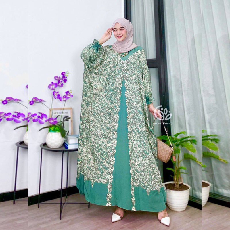Kaftan Wanita - Daunda Kaftan Size Jumbo XXXXL Motif Daun Lengan Panjang Busui Resleting by Nadira_Fashion / Gamis Rayon Jumbo Kaftan Terbaru-Safa toska