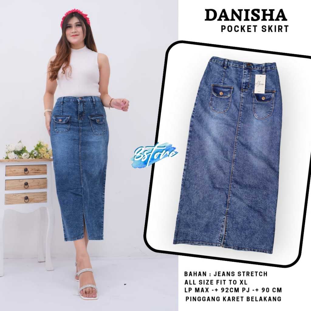 ROK JEANS PANJANG WANITA MOTIF POLOS TERBARU SKIRT JEANS WANITA KEKINIAN