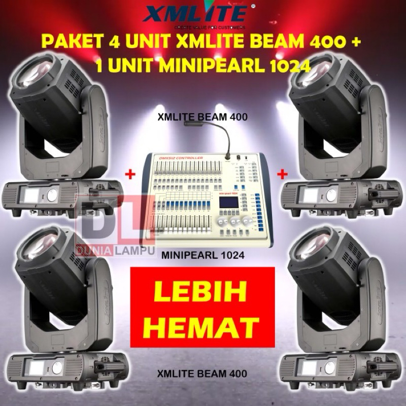 PAKET HEMAT 4 UNIT XMLITE MOVING BEAM 400 + 1 UNIT DMX MINIPEARL 1024