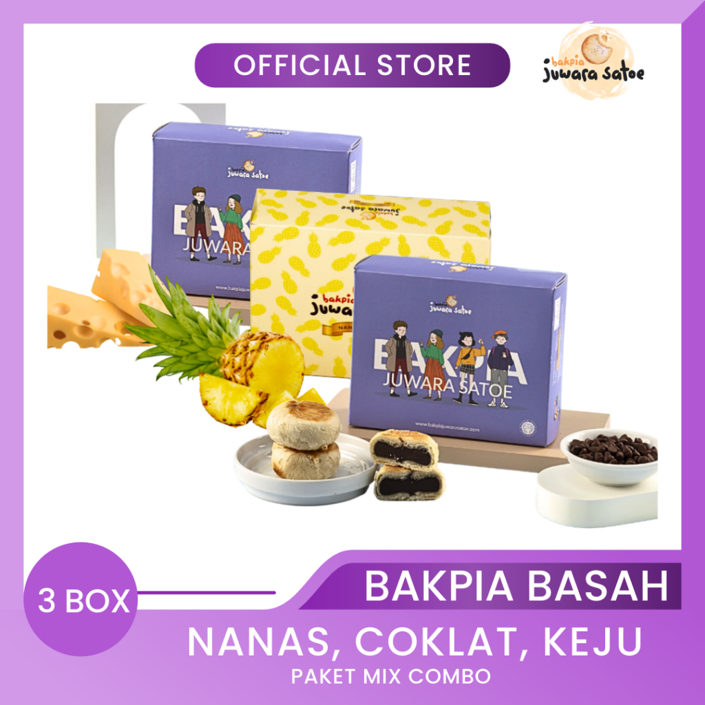 

BAKPIA JUWARA SATOE [ 3 Box ] Paket Mix Combo Bakpia Basah (Nanas, Coklat, Keju) - Oleh Oleh Khas Jogja