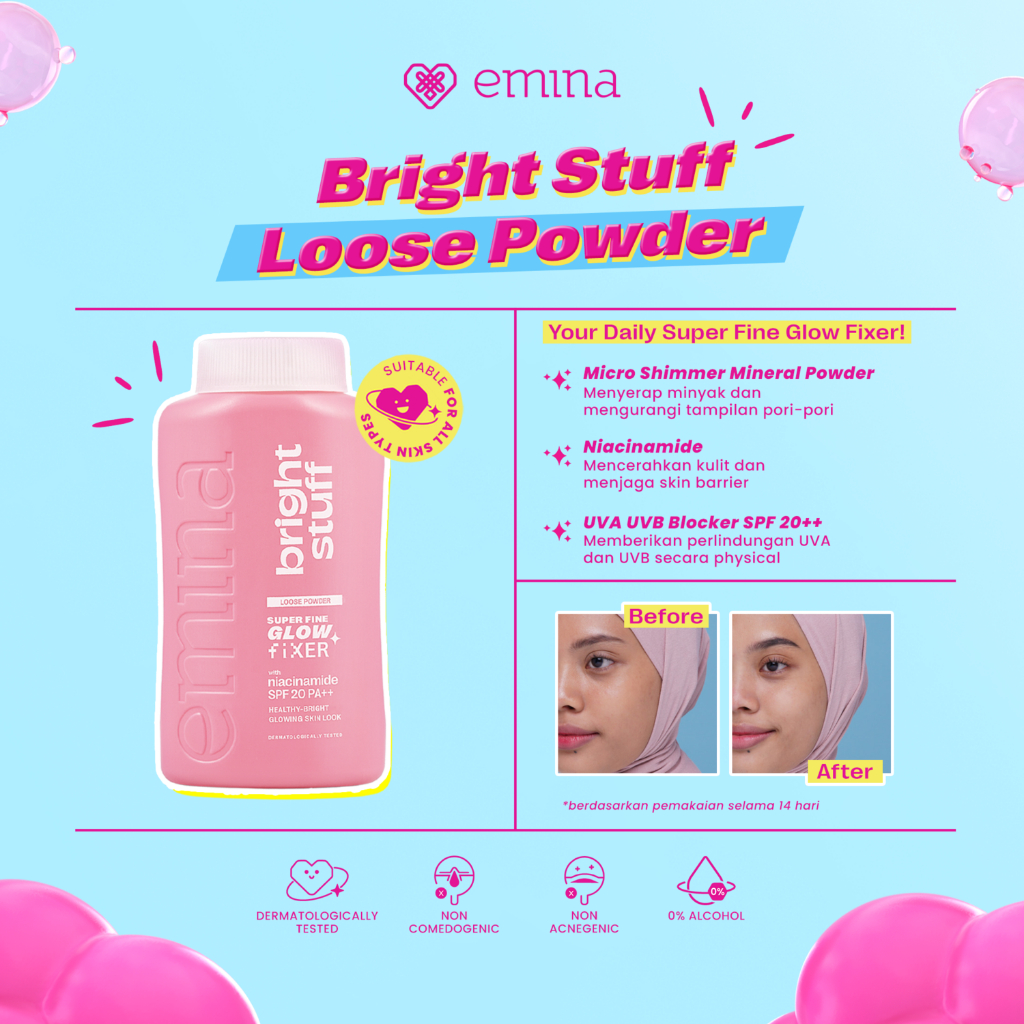NEW! Emina Bright Stuff Loose Powder 55 g - Bedak Tabur Cerah Instan, Hasil Matte, Oil Control Image 6