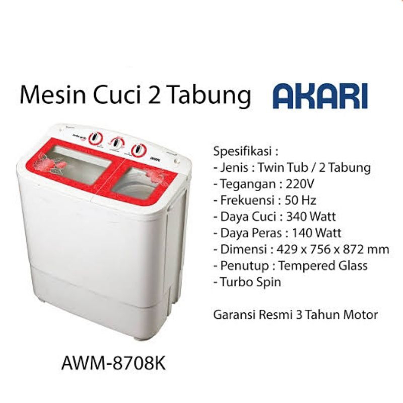 mesin cuci 2 tabung AKARI Turbo spin AWM-8708 penutup bening/tembus pandang (kapasitas 6kg)