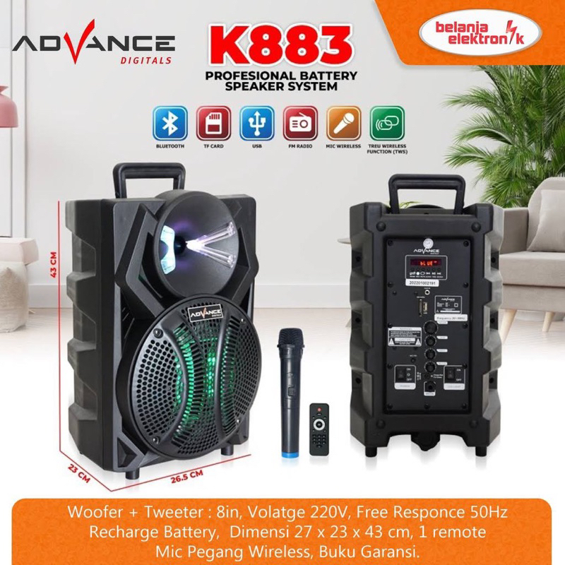 ADVANCE Speaker Meeting Portable 8 Inch Speaker ADVANCE K-883 SPEAKER AKTIF PORTABLE ADVANCE 8 inch 