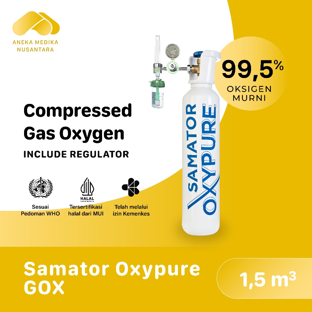 Samator Oxypure GOX 1,5 m3 [Include Regulator] / Tabung Gas Oksigen Murni Steril Untuk Home Care, Fasilitas Kesehatan, Rumah Sakit, Terapi Pernapasan