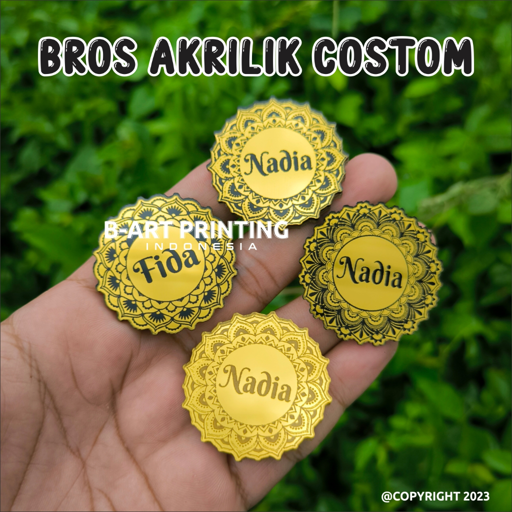 (M) PIN BROS COSTOM NAMA BROS JILBAB CUSTOM NAMA Akrilik Mirror Model Bunga Daun | Bros Kerudung Hij