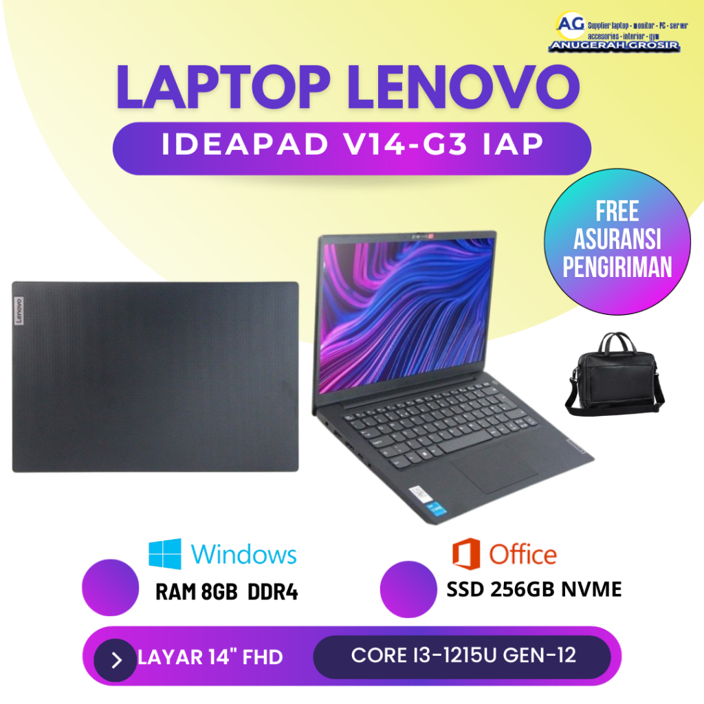 Laptop Lenovo ideapad V14 - G3 IAP core i3-1215u gen12 ram 8gb ssd 256gb nvme 14" fhd baru