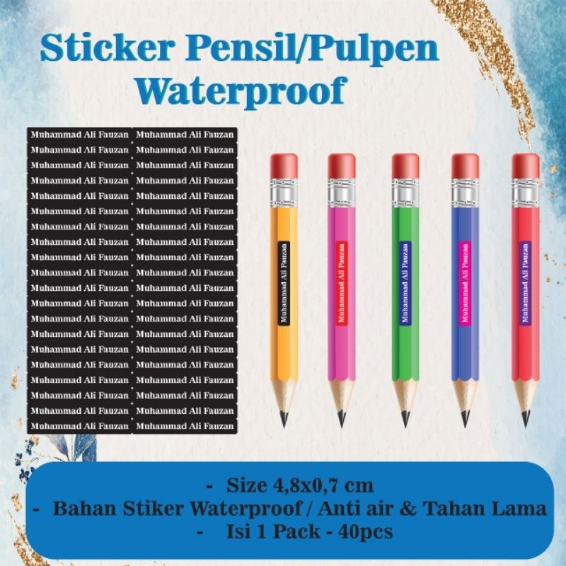 

Sticker Label Nama Custom Ukuran 4,8x0,7cm 1 pack isi 40pcs Nama anak waterproof tahan air sticker pensil warna