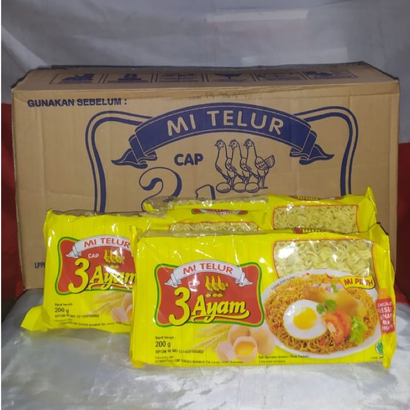 

Mi Telur / Mie Telor Cap 3 Ayam per 1 Dus Karton isi 20 pcs x 200 gr