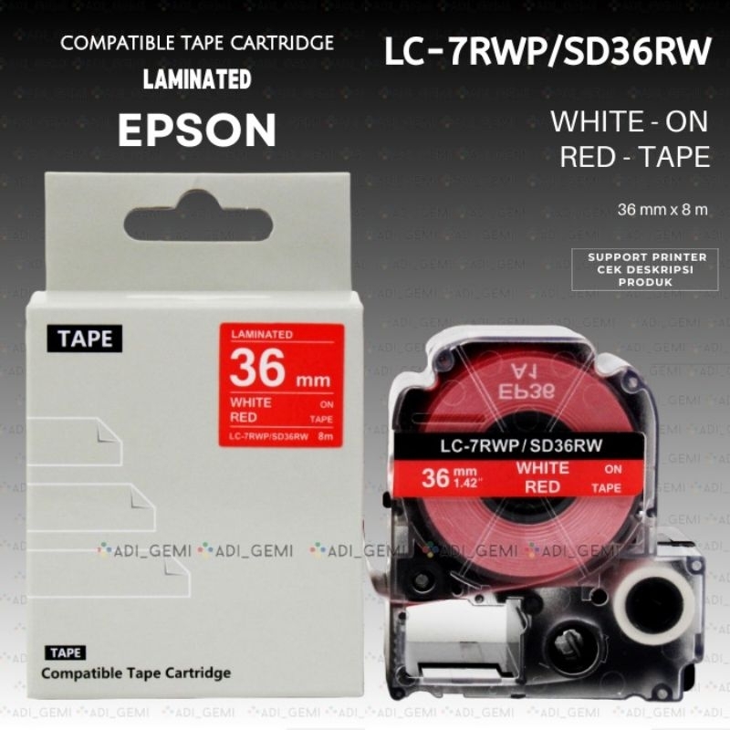 

Compatible TAPE Cartridge EPSON LC-7RWP SD36RW WHITE ON RED 36MM X 8M