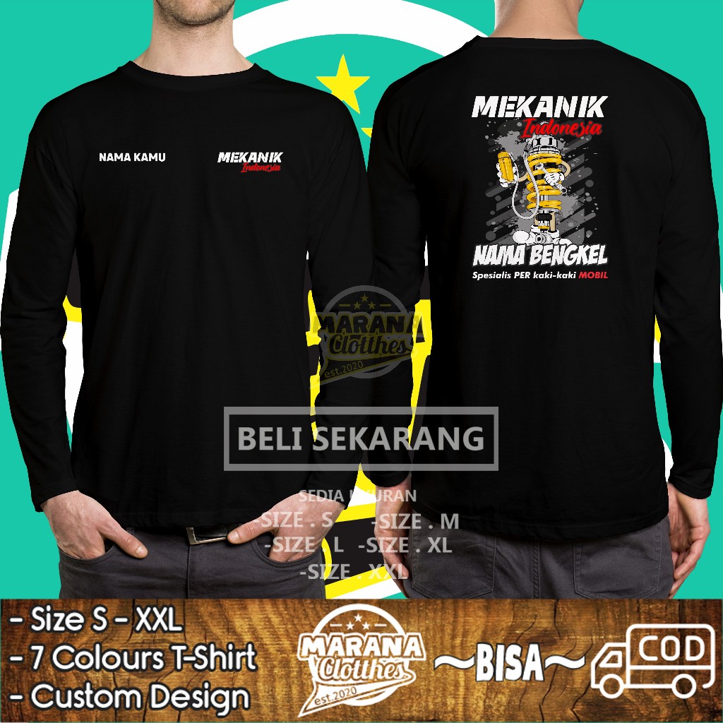 Kaos Mekanik Indonesia Spesialis Per Kaki-kaki Mobil Gratis Nama Kamu dan Nama Bengkel Lengan Panjan