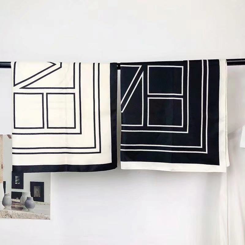 D3W Hijab sutra hitam putih klasik Scarf persegi modis syal tipis bergaris sederhana hijab segi