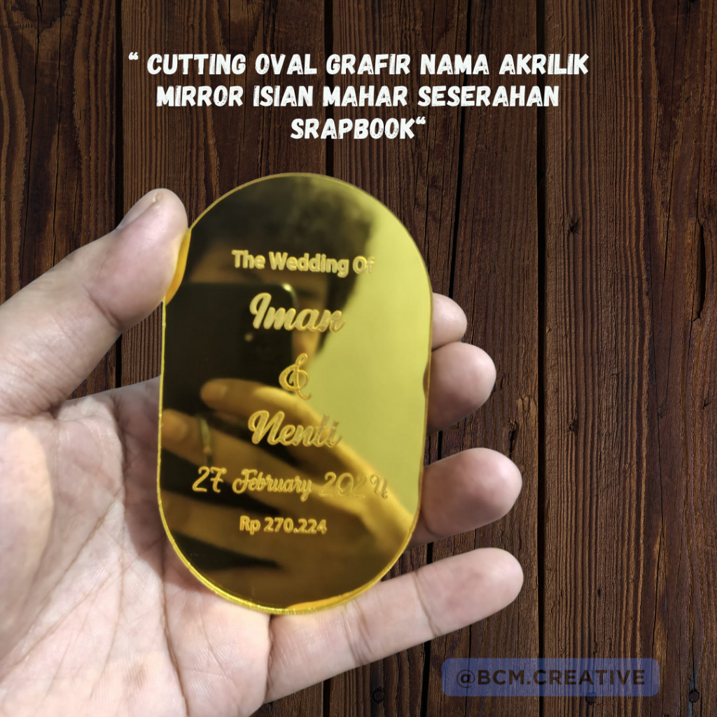 CUTTING GRAFIR BENTUK OVAL WEDDING NAMA AKRILIK MIRROR