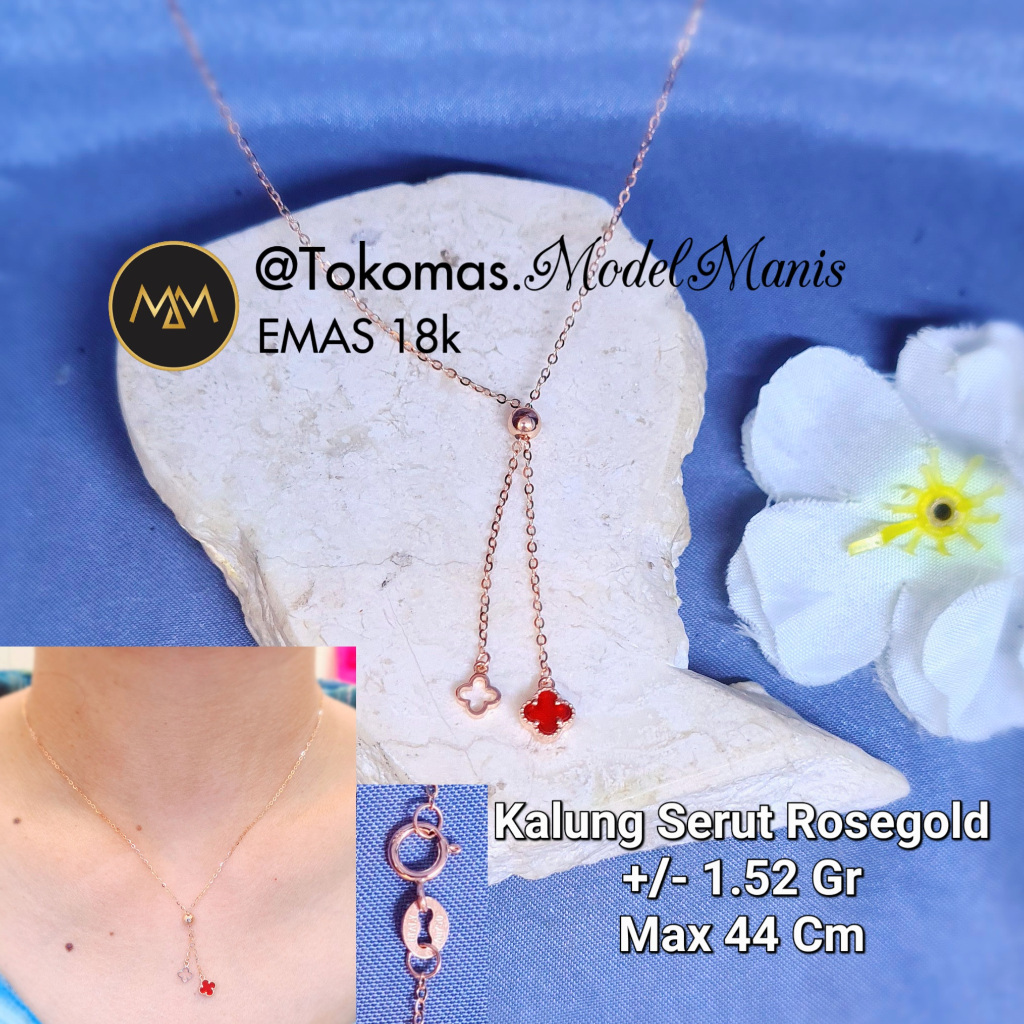 Kalung Serut Clover Maroon Emas Italy Rosegold 750 kadar 18k