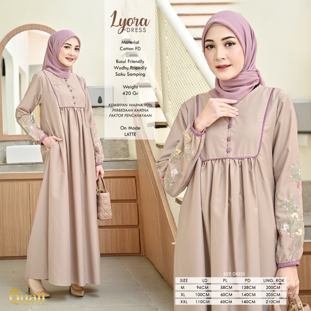 [Restock 210124] LYORA Dress Gamis Bordir Bunga di lengan Quail Hijab Bahan Katun FD Ori Murah