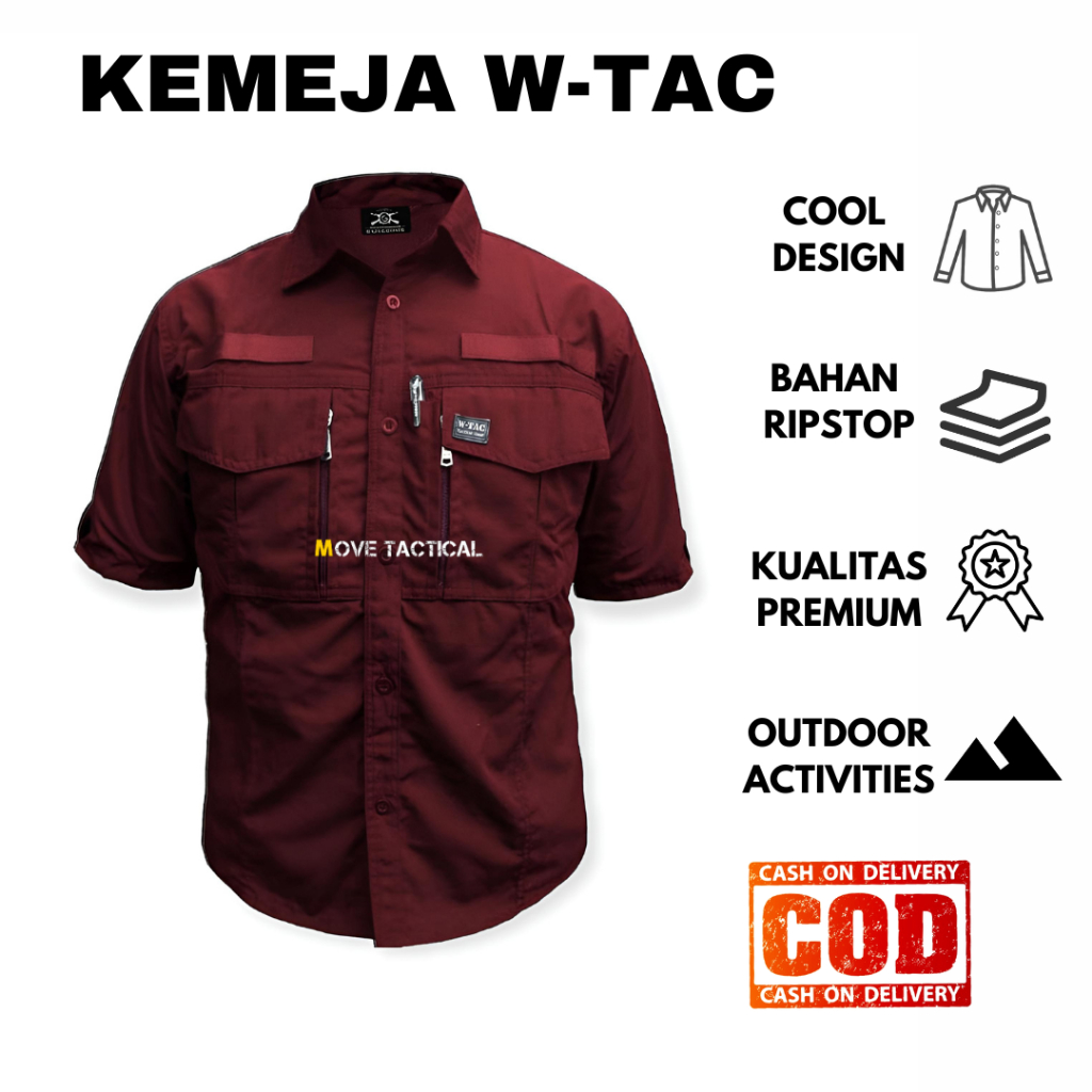 (TERIMA CUSTOM BORDIR) Kemeja Lapangan Pria W-TAC Lengan Pendek Maroon : Bahan Ripstop Kameja Lapang