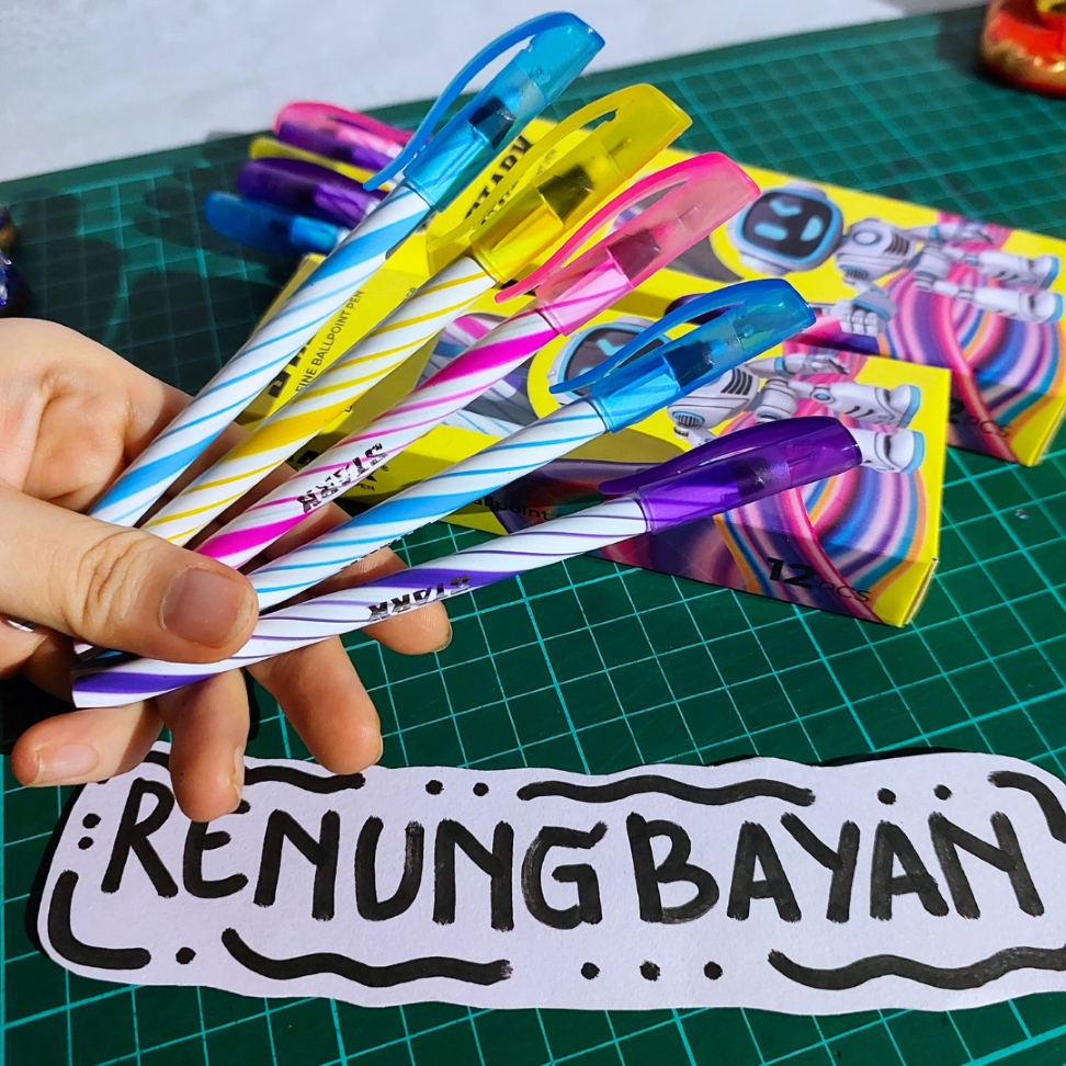 

[RENUNGBAYAN] PROMO 12 PCS PULPEN Tinta Hitam warna warni lucu Pulpen Stark Pulpen Spiral